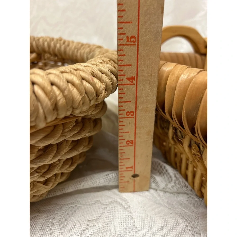 Vintage Woven Wicker Basket Set Round Rope Handle‎ and Rectangular Wood Handle